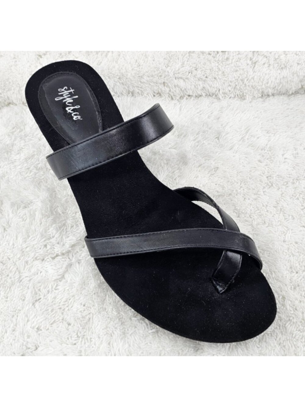 STYLE & CO Black Slide Strappy Faux Leather Wedge Sandals Size 10M New No Box